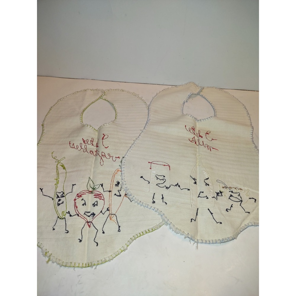 2 Vintage Embroidered Baby Bibs "I Like Vegetables" "I Like Milk" 14"x9" wide